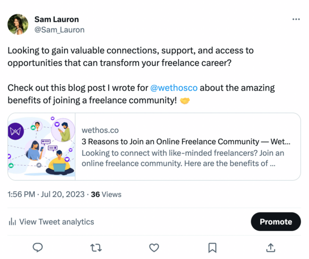 The tweet written by ChatGPT reads "Looking to gain valuable connections, support, and access to opportunities that can transform your freelance career? Check out this blog post I wrote for @wethosco about the amazing benefits of joining a freelance community!" The post includes a link to a blog post