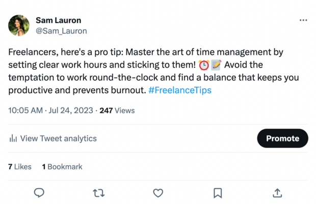 The freelancer tip written by ChatGPT reads "Freelancers, here's a pro tip: master the art of time management by setting clear work hours and sticking to them!" (clock emoji, writing emoji) "Avoid the temptation to work round-the-clock and find a balance that keeps you productive and prevents burnout. #FreelanceTips"