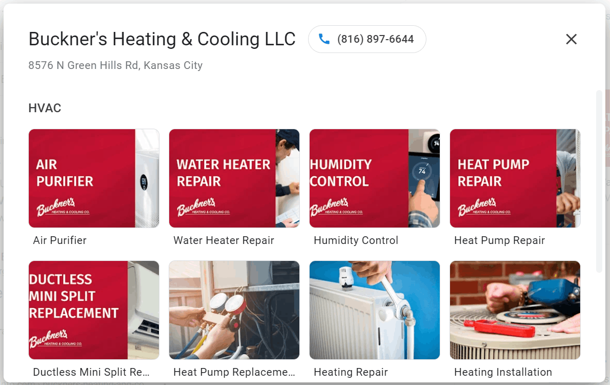 A products and services section on a GBP for an HVAC company.