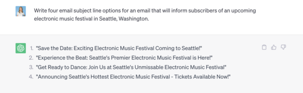 chatgpt response giving email subject line options for a music festival in seattle