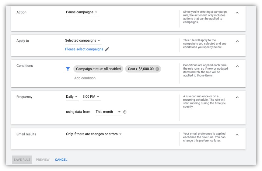 google ads automated rules - setting up an automated rule in google ads screenshot