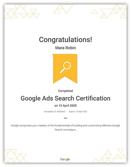 google skillshop - screenshot of skillshop certificate