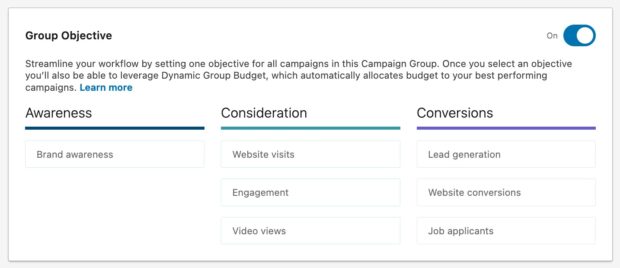 Picking a campaign objective on LinkedIn