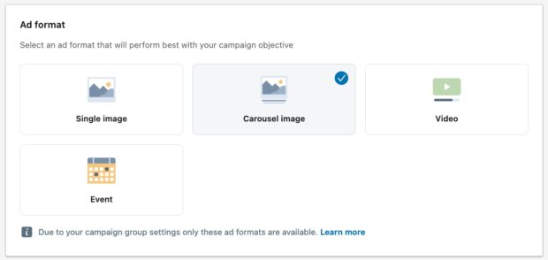 Selecting an ad format on LinkedIn