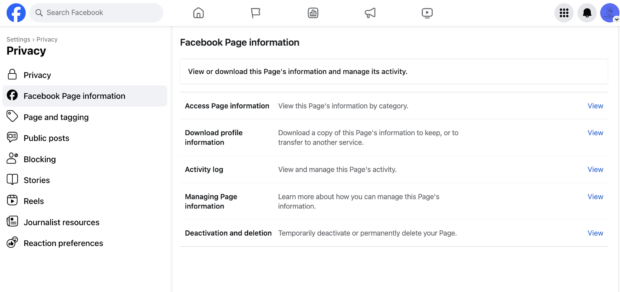 Privacy Facebook Page information