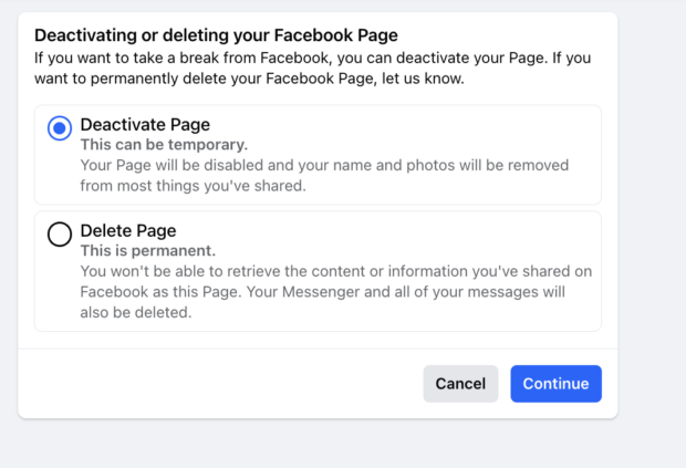 Deactivating or deleting your Facebook Page