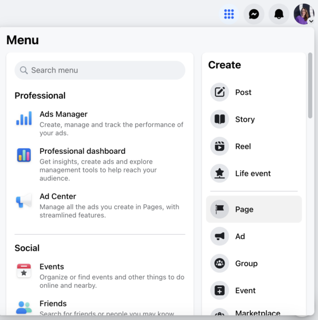 Facebook business page menu Create a Page