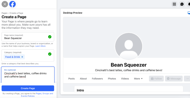 Create a Page Cincinnati cafe called Bean Squeezer