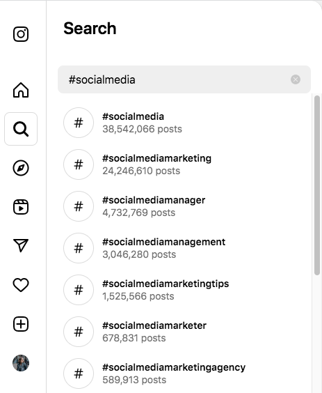 Instagram social media hashtag suggestion search result