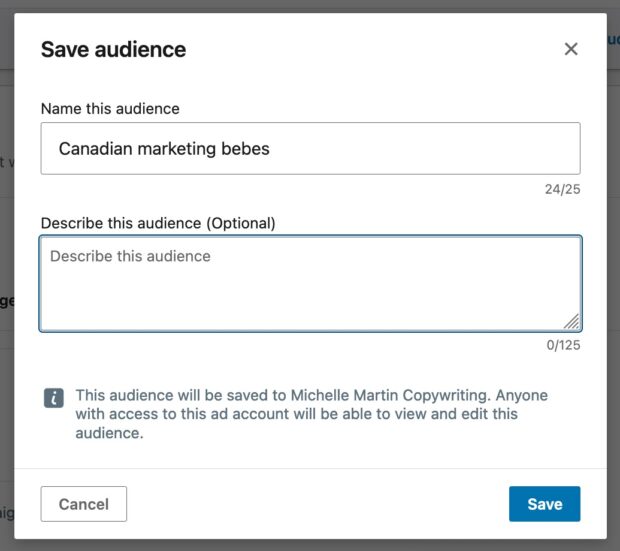Save audience name Canadian Marketing bebes example