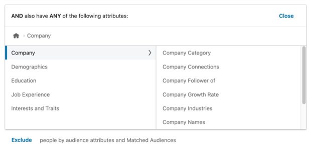 include or exclude audiences based on company demographics education job experience interests and traits
