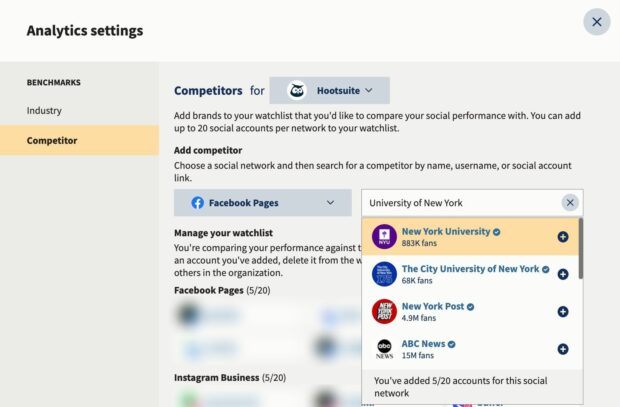 Social media competitor analysis in Hootsuite Analytics: Adding a new competitor