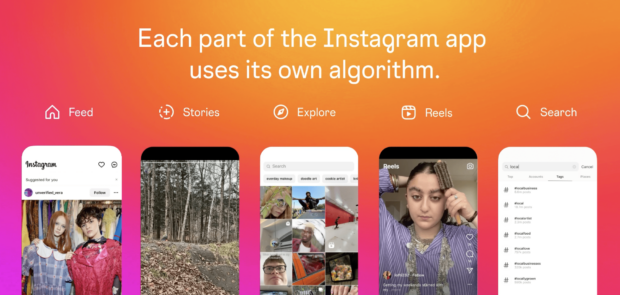 A list of each of Instagram's "parts"/features: feed, stories, reels, explore, and search. The image explains that each of these has a different algorithm or list of ranking factors