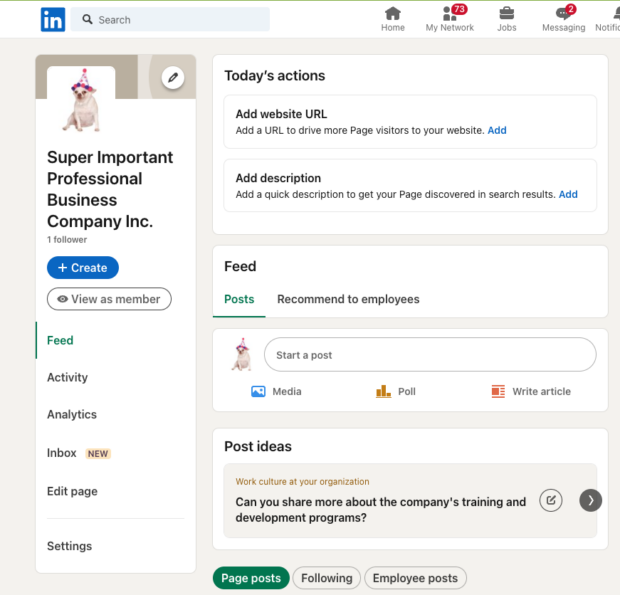 LinkedIn company page admin view, with left hand column showing Inbox tab