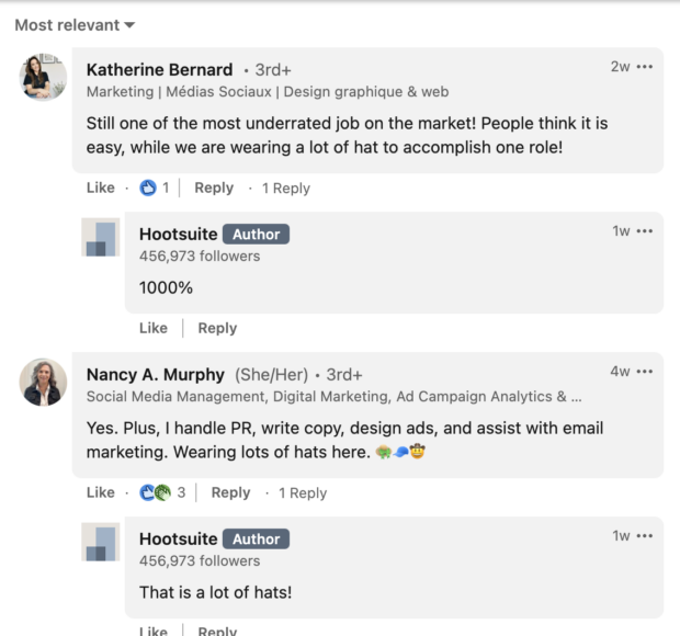 linkedin comment thread showing hootsuite replying to every comment