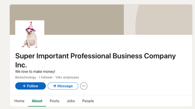 LinkedIn Company Page now showing Message button next to the Follow button