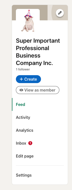 LinkedIn Page dashboard showing a red number 1 next to the Inbox tab, indicating an unread message