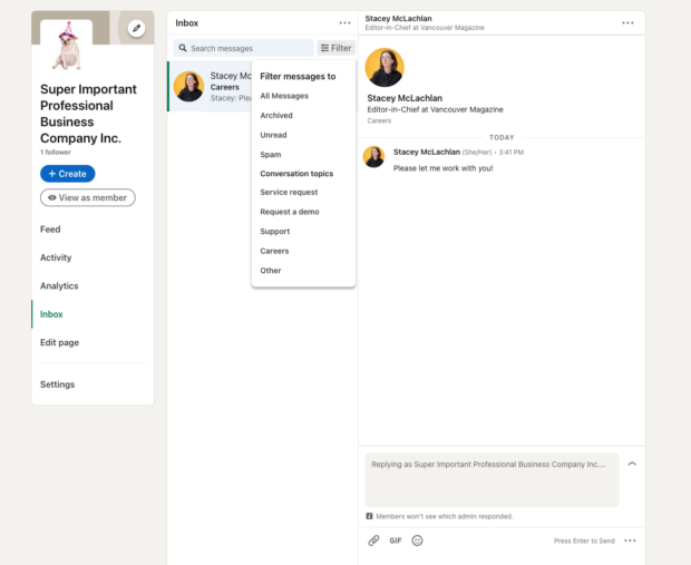 LinkedIn Company Page DM inbox