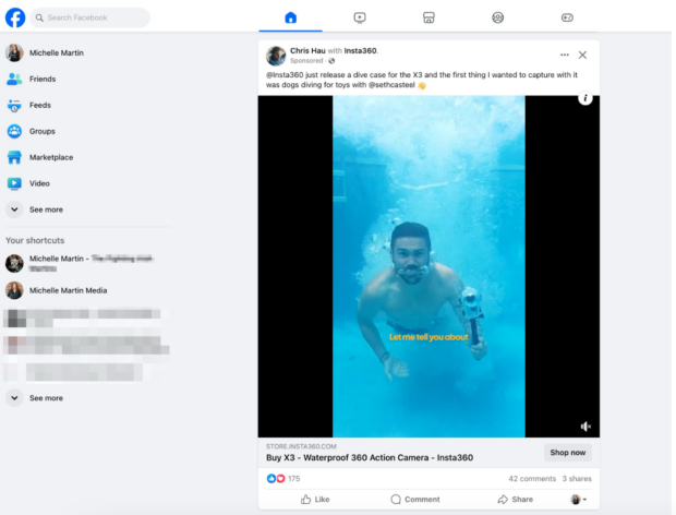 Facebook feed ad Insta 360 person swimming in pool