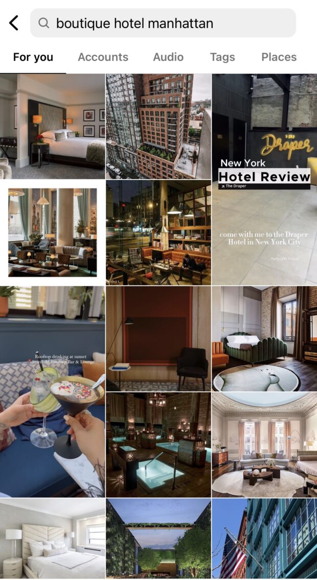 Instagram search for the phrase "boutique hotel manhattan"