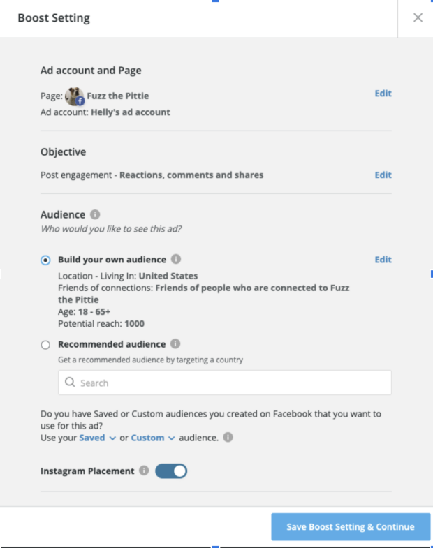 Boost setting ad account and page Build your own audience option