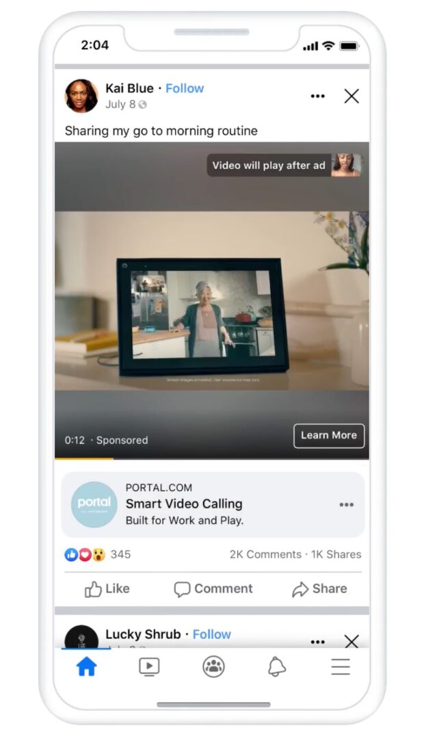 Kai Blue morning routine portal smart video calling Facebook in-stream video ad