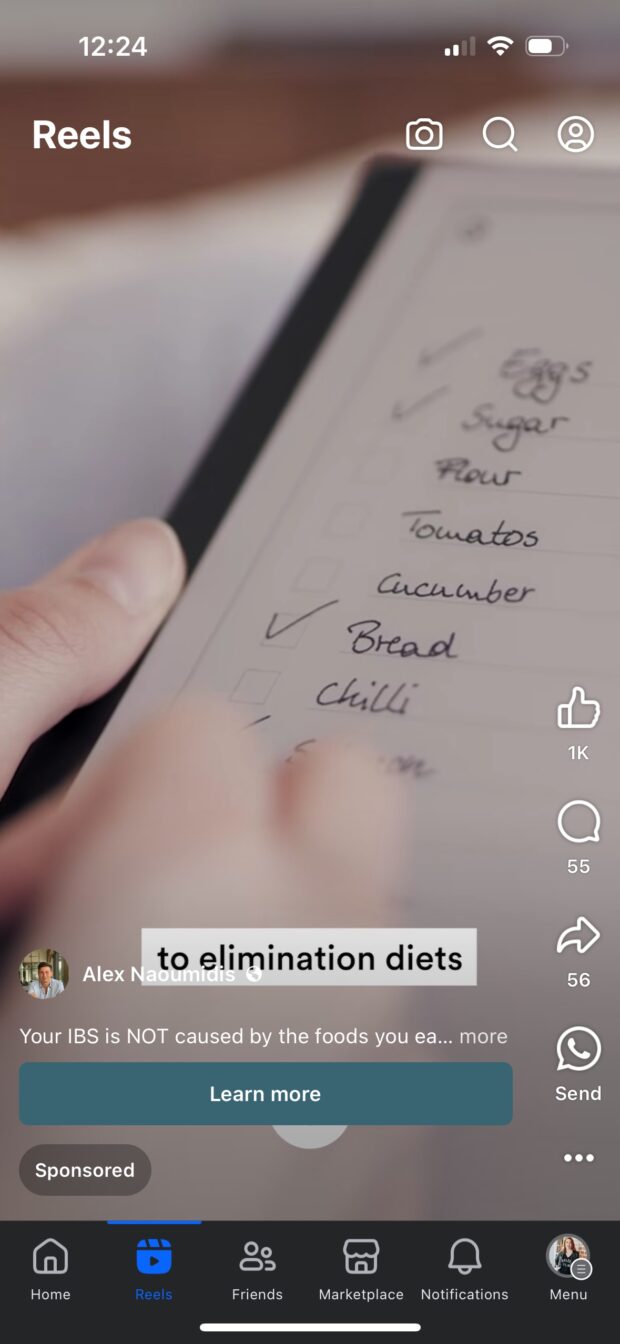 Alex Naoumidis IBS elimination diet Reel video ad