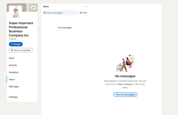 LinkedIn message inbox showing messaging turned off