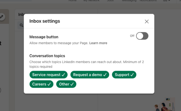 LinkedIn inbox settings with Message toggle and conversation topics highlighted