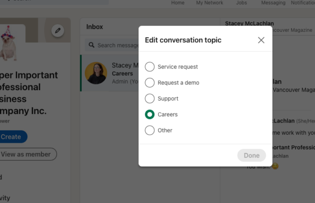Editing a conversation topic in LinkedIn Company Page DMs
