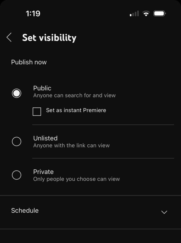 Set visibility to public unlisted or private