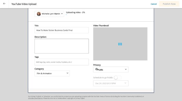 YouTube video upload add title description tags category thumbnail and privacy settings