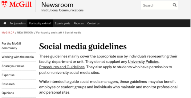 McGill University Newsroom Institutional Communications social media guidelines