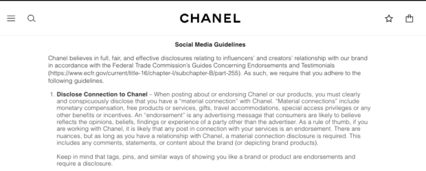 Chanel social media guidelines with specifics on brand sponsorship