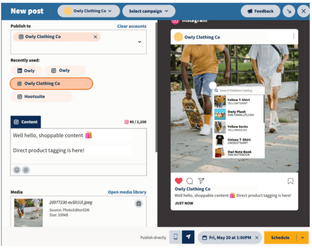 Adding shoppable tags to Instagram post in Hootsuite composer