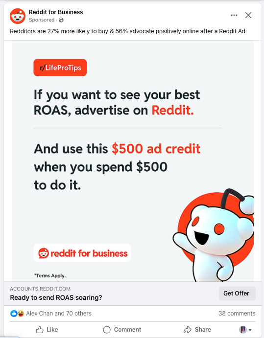 an ad for Reddit for Business on facebook offering a $500 ad credit