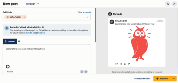 Hootsuite's Composer view showing a Threads post. Users can add captions and schedule the post for later.