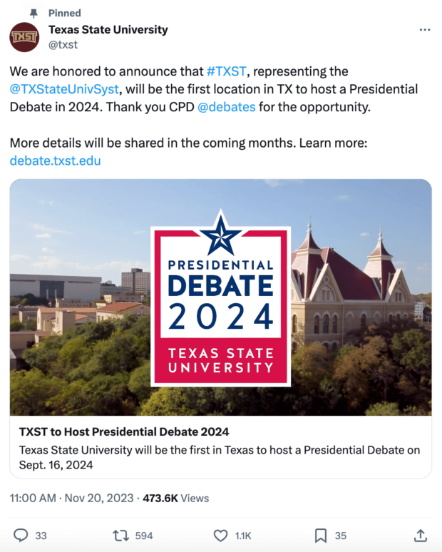Texas State University pinned Twitter X post