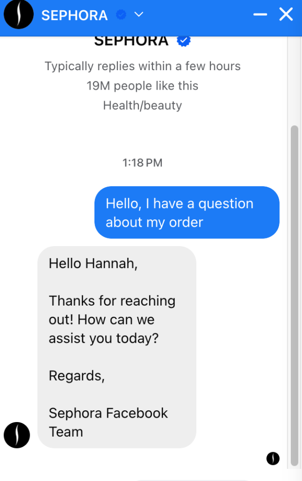 facebook automated message from sephora