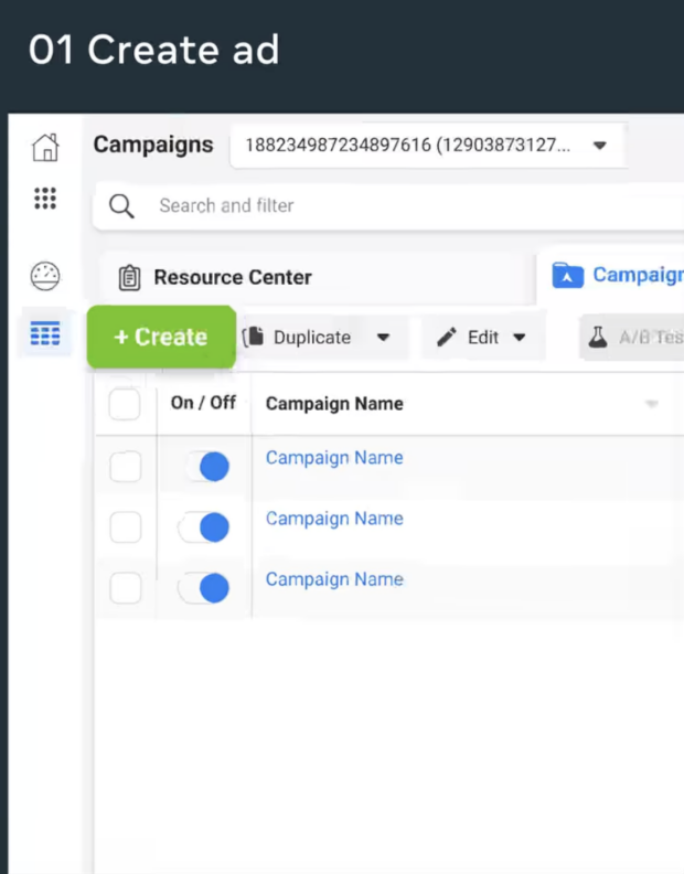 facebook ad manager dashboard showing large green create button for new campaign