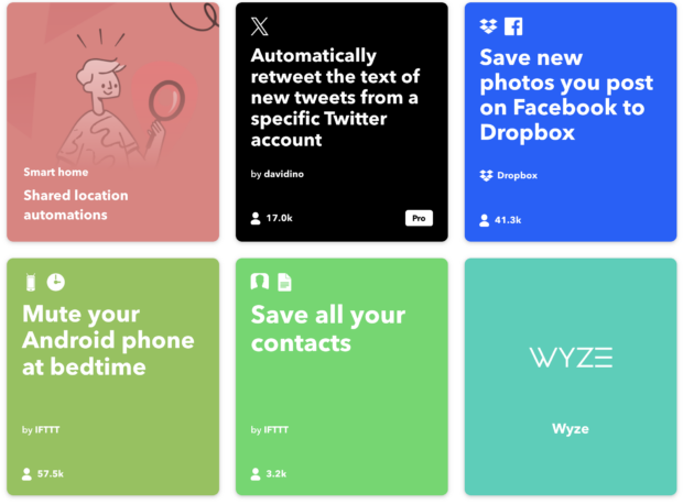 various applets for facebook, wyze, and more shown in ifttt