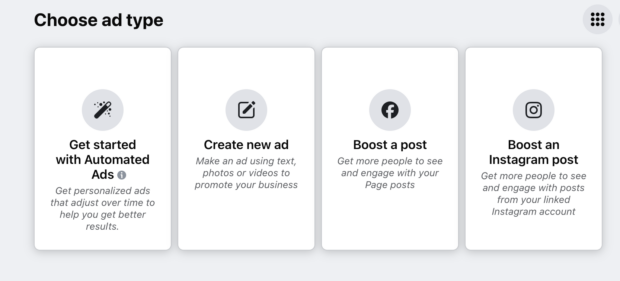 four blocks showing different ad creation options on facebook, including one for automated ads