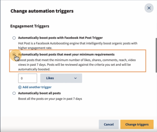 hootsuite automation triggers screen with hand clicking button to automatically boost posts that meet minimum requirements