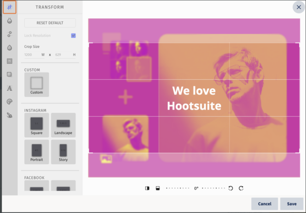 Hootsuite’s photo editor in app dashboard with crop size custom frame and Instagram layout options