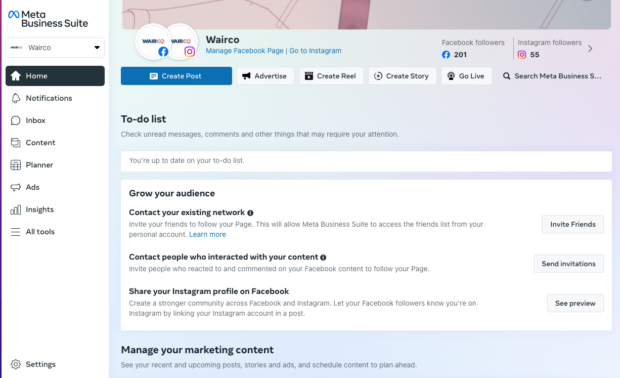 Meta Business Suite Manage Facebook page and Instagram for Wairco brand