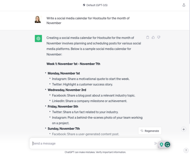 ChatGPT write a social media calendar for Hootsuite for the month of November