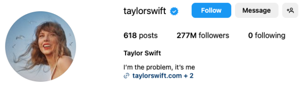 Taylor Swift verified Instagram account