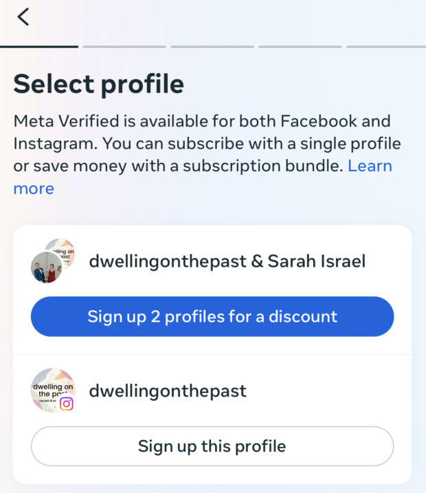 Select profile to subscribe to Meta verified