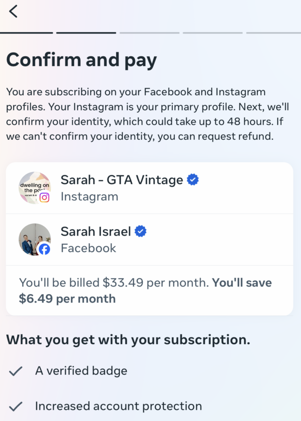 Confirm and pay page on Instagram for Meta Verified subscription