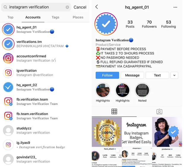 Instagram verification scam accounts